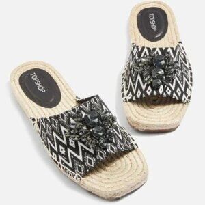 NWT Topshop black & white textile smoked crystal bejewelled flat slide sandals